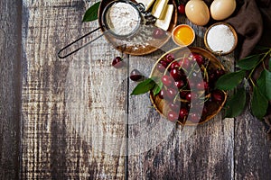 Cherry baking seasonal concept. Ingredients for cherry pie