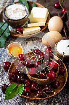 Cherry baking seasonal concept. Ingredients for cherry pie