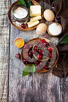 Cherry baking seasonal concept. Ingredients for cherry pie