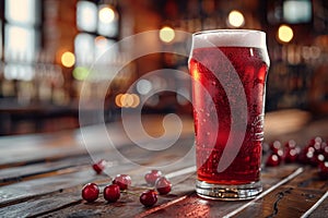 cherry beer tasting, the bright red hue of cherry beer sparkles in the glass, offering a rich and pleasurable drinking photo