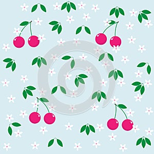 Cherry berries, flowers and leaves on a light blue background. Seamless pattern.