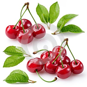 Cherry. Berries with leaves isolated on white