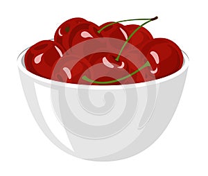 Cherry. Big Pile of fresh red cherries in the White Bowl. Vector illustration on the White Background