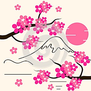 Cherry Blossom Background Sakura Flowers Pink On Branch Flat Vector