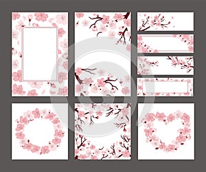 Cherry blossom banner layout. Sakura flowers on branches card template, Japanese spring decorative frames vector