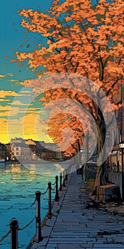 Cherry Blossom Beach In Old Town Stockholm: Ukiyo-e Woodblock Print In 32k Uhd