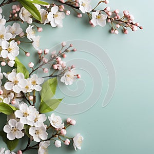 Cherry Blossom blue background with copy space. Welcome Spring background