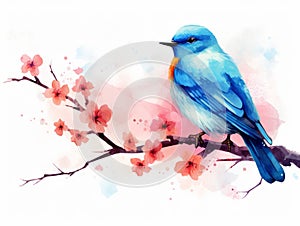 Cherry blossom and blue bird. Watercolor vector illustration. Generative AI