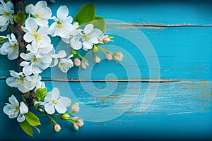 Cherry blossom on blue wooden table