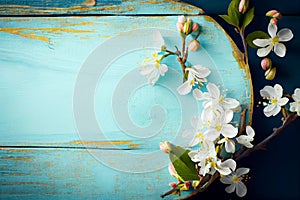 Cherry blossom on blue wooden table
