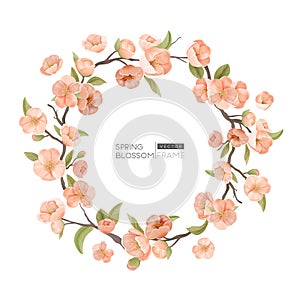 Cherry Blossom Border, Realistic Spring Flowers, Leaves and Branch Round Frame on White Background. Design Element