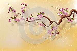 Cherry blossom branch in front of grunge wall