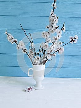 Cherry blossom branch floral decorative vintage beautiful in a vase on a colored wooden background, spring,