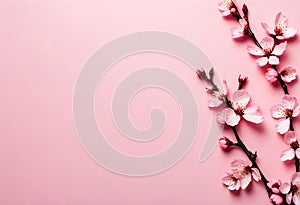 Cherry blossom branch with pink flowers on a plain background