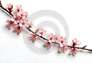 Cherry blossom branch with pink flowers on a plain background