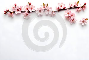 Cherry blossom branch with pink flowers on a plain background