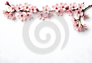 Cherry blossom branch with pink flowers on a plain background