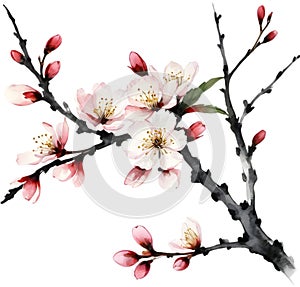 Cherry blossom branch with several soft, detailed flowers.