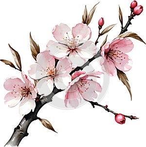 Cherry blossom branch with several soft, detailed flowers.