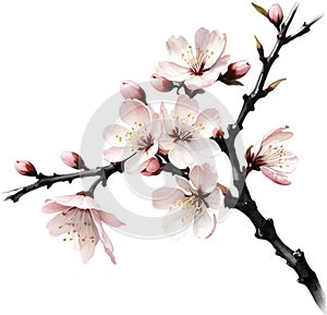 Cherry blossom branch with several soft, detailed flowers.