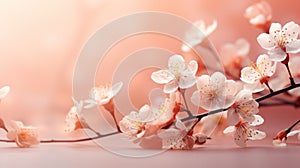 cherry blossom branch in spring, against a peach color background, copy space