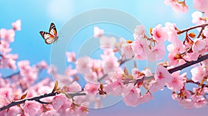 Cherry blossom and butterfly on blue sky background with copy space