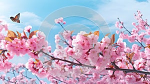 Cherry blossom with butterfly on blue sky background, spring season