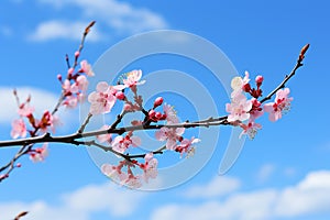 Cherry blossom close-up on blue background, spring background