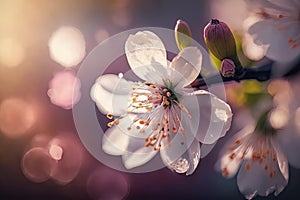 Cherry blossom close up, blur Spring orchard background. Generative ai