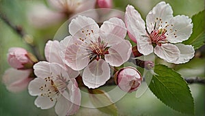 a cherry blossom close up with petals and leafs