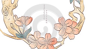 Cherry blossom decoration with watercolor texture vector. Floral pattern with Japanese wave elements in vintage style