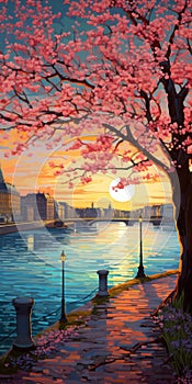 Cherry Blossom Fjord: A Vibrant Ukiyo-e Inspired Scene In Old Town Stockholm
