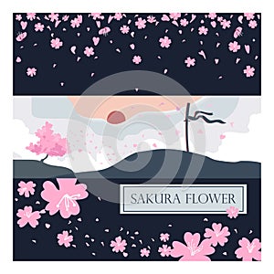 Cherry blossom flat vector, sakura, japan, blur background. Sakura and spring modern cover design set. Wedding invite, makeup