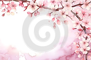 Cherry Blossom flowers (Sakura) frame on white background. Watercolor illustration background, Generative AI