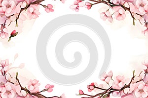 Cherry Blossom flowers (Sakura) frame on white background. Watercolor illustration background, Generative AI