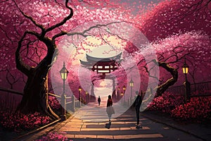 Cherry blossom in the garden with people walking on the path