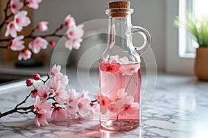 Cherry blossom infused water bottle on marble counter in sunlit kitchen