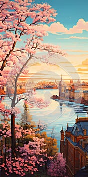 Cherry Blossom Island: A Vibrant Ukiyo-e Inspired Scene In Old Town Stockholm