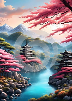 Cherry blossom Japanese landscape painting artwork