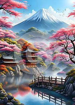 Cherry blossom Japanese landscape painting artwork