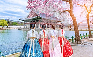 Cherry Blossom with Korean national dress at Gyeongbokgung Palace Seoul,South Korea