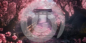 A Cherry Blossom Pathway Leading to a Mystical Garden for Spring Nature or MagicalThemed Design Projects photo