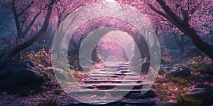 A Cherry Blossom Pathway Leading to a Mystical Garden for Spring Nature or MagicalThemed Design Projects photo