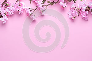 Cherry blossom on a pink paper background. Floral frame border. Template with copy space. Romantic pattern with place for text.