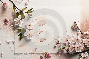 Cherry blossom or sakura closeup with copy space. Bloom spring garden floral top view flatlay for holiday banner. Generative AI
