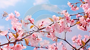 Cherry blossom sakura flower on blue sky background with butterfly