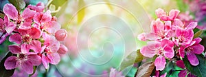Cherry blossom, sakura flowers. Abstract blurred wide background of spring blossoms tree.