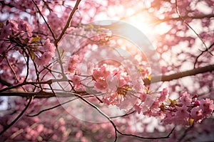 Cherry blossom or sakura in spring time with sun light, Spring blossoms and beautiful cherry tree branches with pink sakura