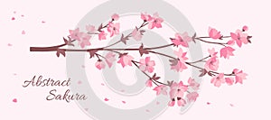 Cherry blossom sakura twigs pink flowers card Japanese blooming branch vector oriental illustration