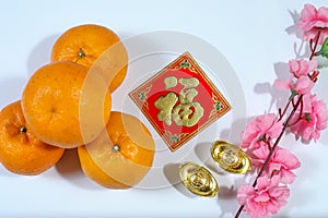 Cherry blossom, always significant to Chinese New Year celebrations. Decorated with oranges, Yuanbao, and the word Fook